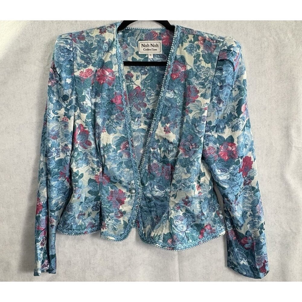 Vtg 80s NAH NAH‎ Collection Women Tapestry Pearl Hem Blazer Sz 10 Blue 39-1